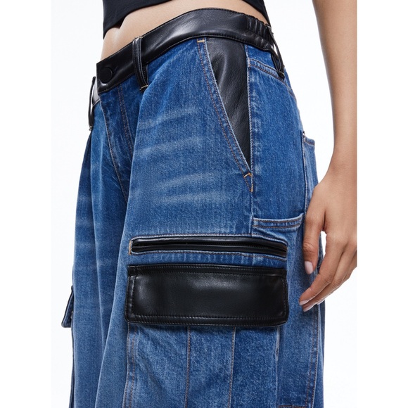Alice + Olivia Joette Combination Vegan Leather Cargo Jeans - Picture 9 of 15